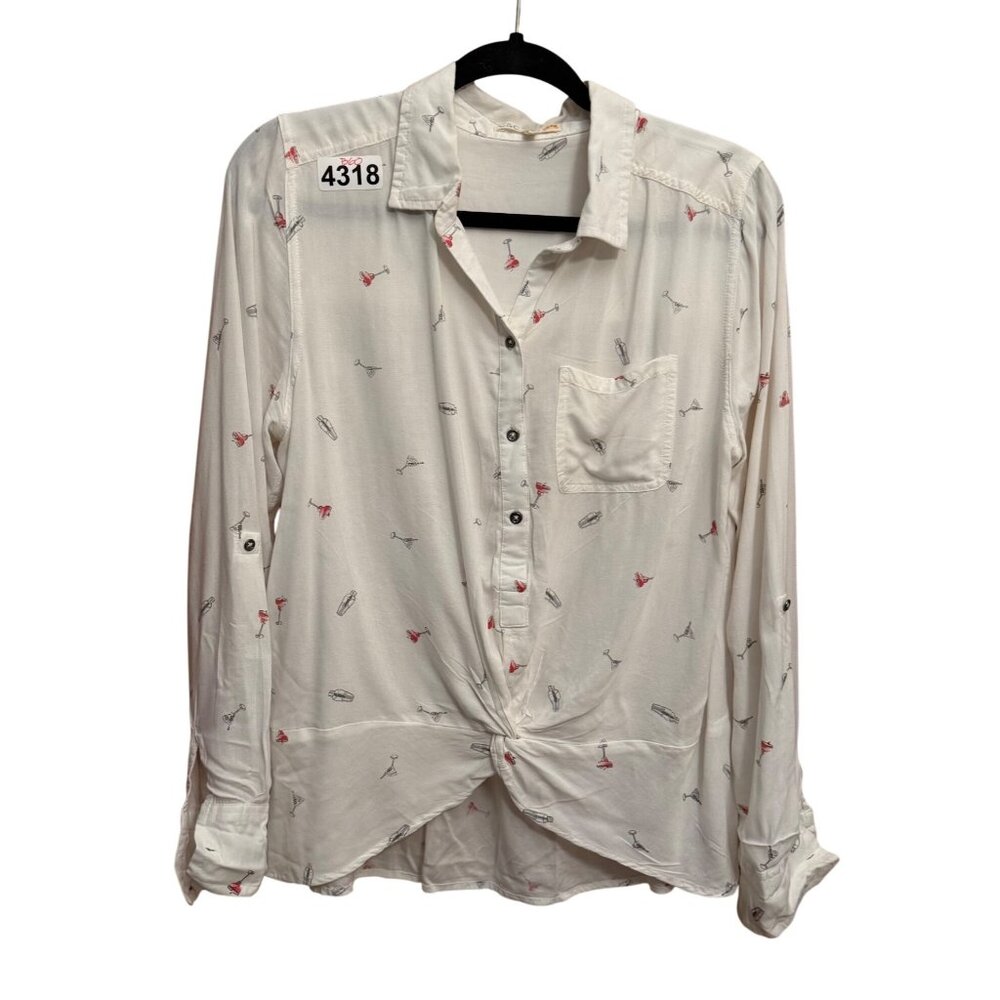 C&C California Women's Shirt M White Cocktail Print Twist Front Roll Tab Sleeve